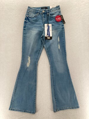 YMI Jeans Women's 7/28 Flared Leg Medium Wash Blue Denim Distressed High Rise
