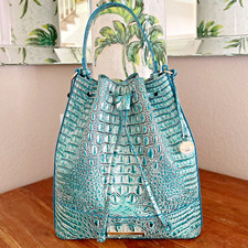 Brahmin Marlowe Mineral Blue Melbourne Leather Drawstring Bucket Bag Nwt