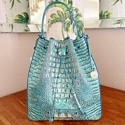Brahmin Marlowe Mineral Blue Melbourne Leather Drawstring Bucket Bag NWT