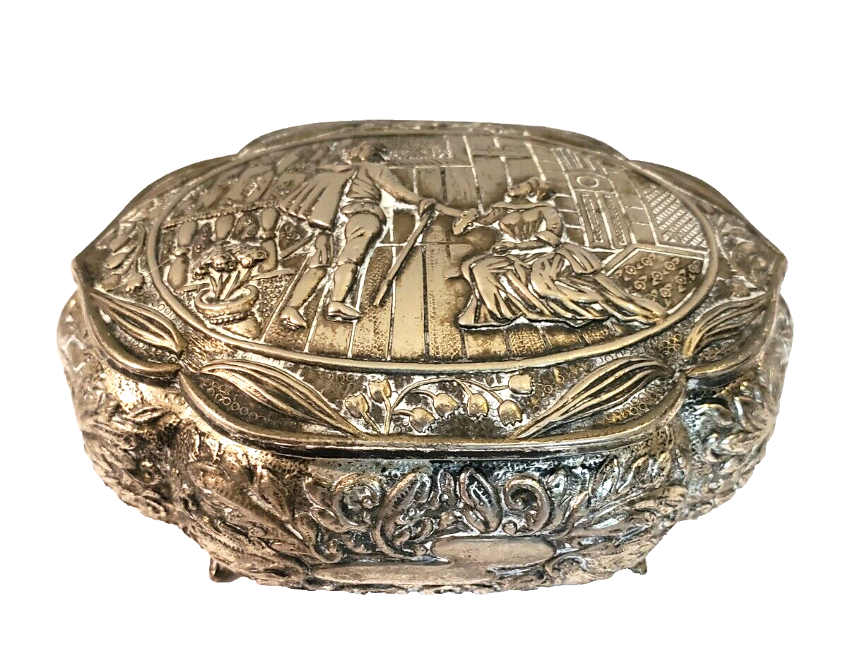 VTG Silver Tone Metal Embossed Jewelry Box Red Lined Footed eBay