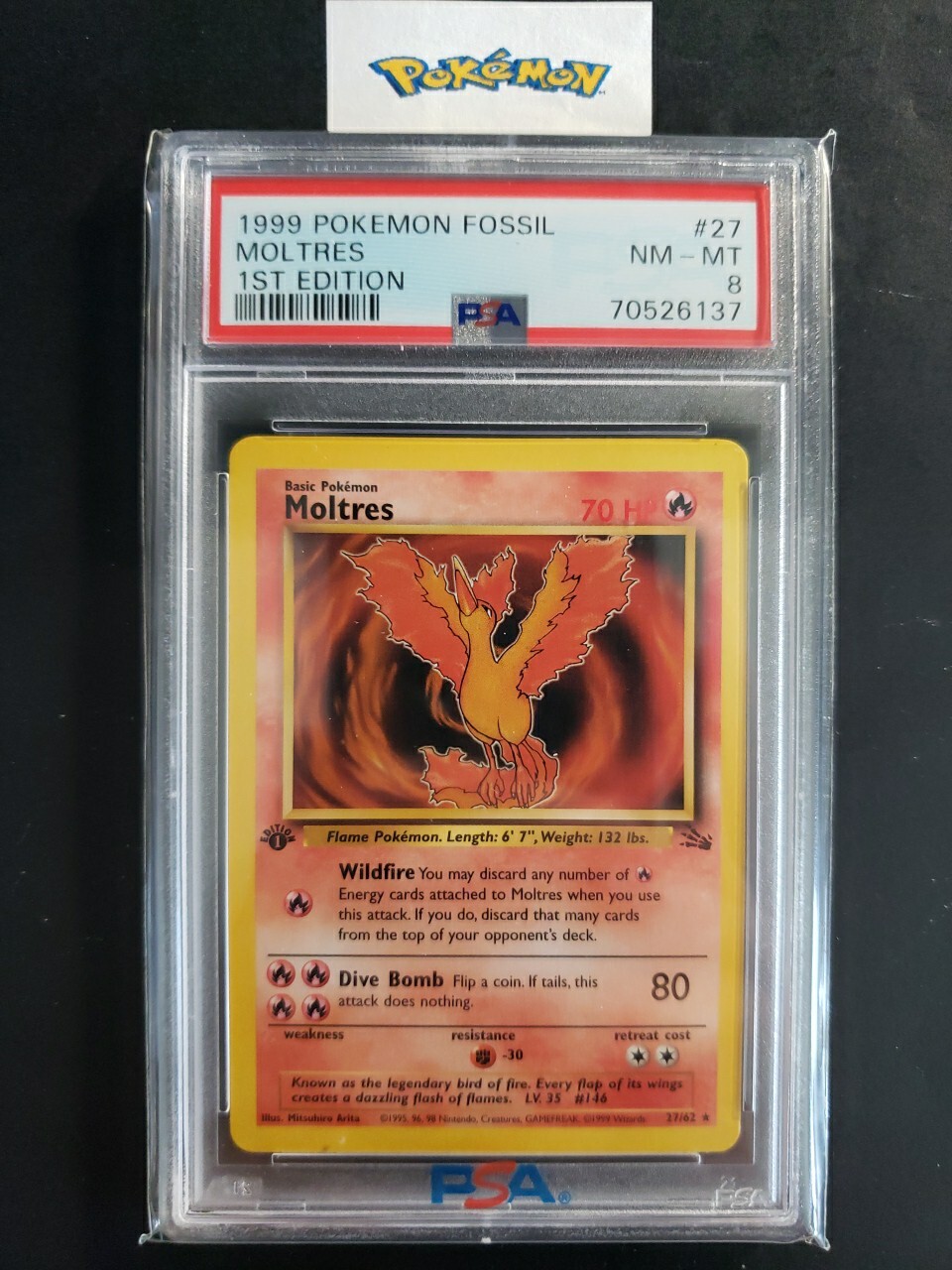 First Edition 1999 Pokemon Fossil 27/62 Moltres PSA NM-MT 8