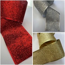 Wire Edge Glitter Christmas Ribbon 63mm Red Gold Silver Sold Per Yard