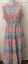 NWOT Crown & Ivy Smocked Midi Dress Size 6 Sleeveless Tiers Paisley Aqua Orange