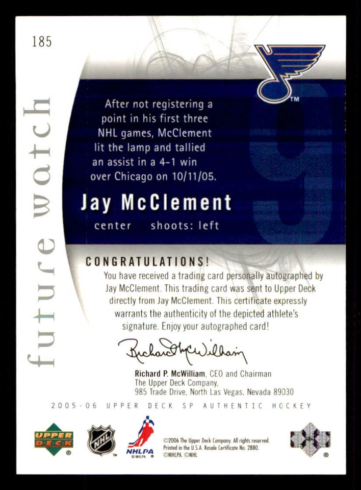2005-06 SP Authentic #185 Jay McClement AU RC /999 (ref 240336) - Image 2 of 2