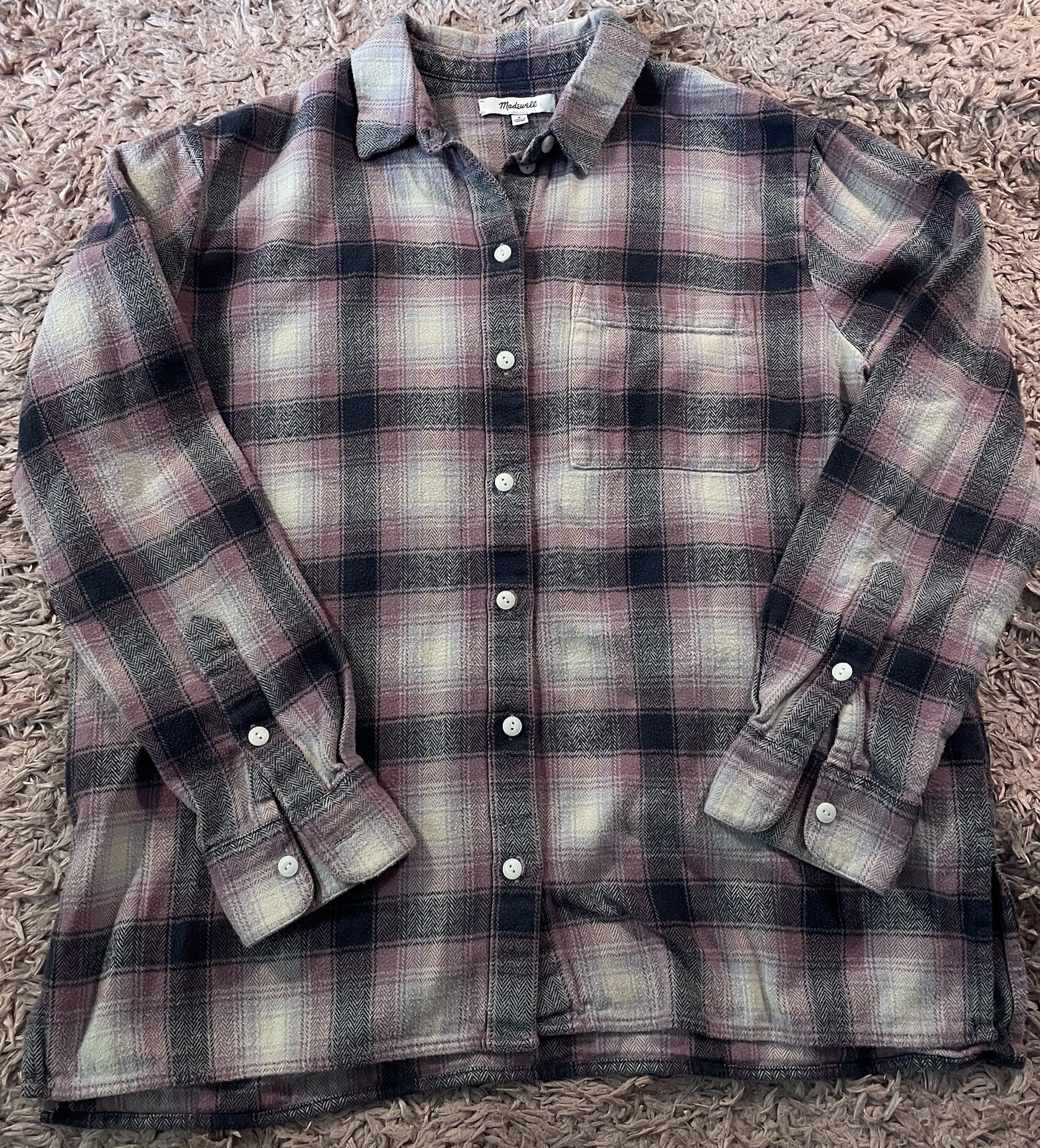 Madewell Women's Black Pink Plaid Oversized Ex Boyfriend Flannel Shirt Size S-image