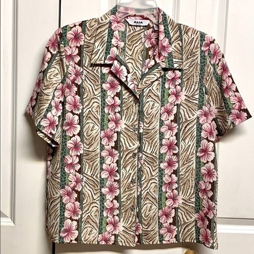 Alia Multi Color Pink Floral Print Boxy Short Sleeve Collar Top Size 10P