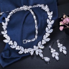 Gorgeous Cubic Zirconia Leaf Earrings Necklace Silver Plated Wedding Jewelry Set