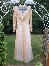 True VTG Mid-century 1950s Ivory Lace Tulle Satin Wedding Gown Dress 14 S/M MCM