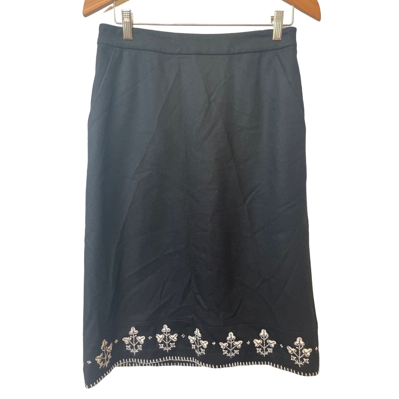 Ann Taylor Black White Embroidered Cashmere Blend Pencil Midi Skirt Size 6