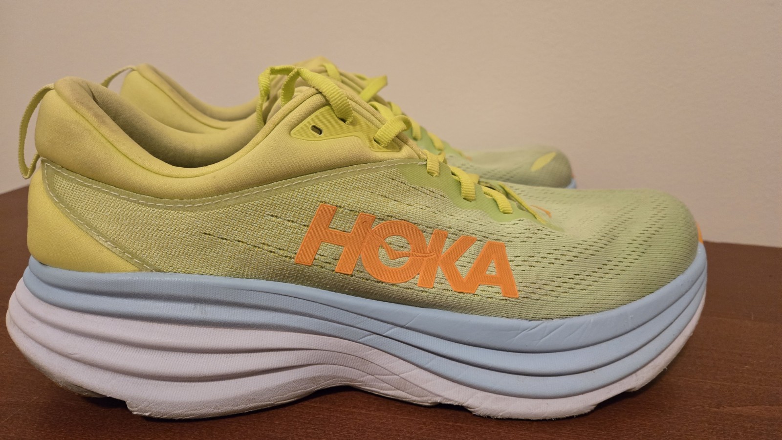 Hoka One One Bondi 8 Yellow Blue ORANGE Running Shoes MENS SZ 12.5 D VERY NICE!  thumbnail 3