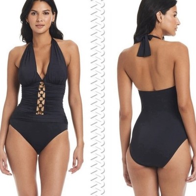 BLEU ROB BEATTIE Women s Black RING ME UP HALTER MIO Ruched 1Piece Swimsuit Sz 4