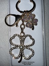 Four-Leaf Clover Bag Charm Keychain Clear AB Rhinestones Faux Pearl