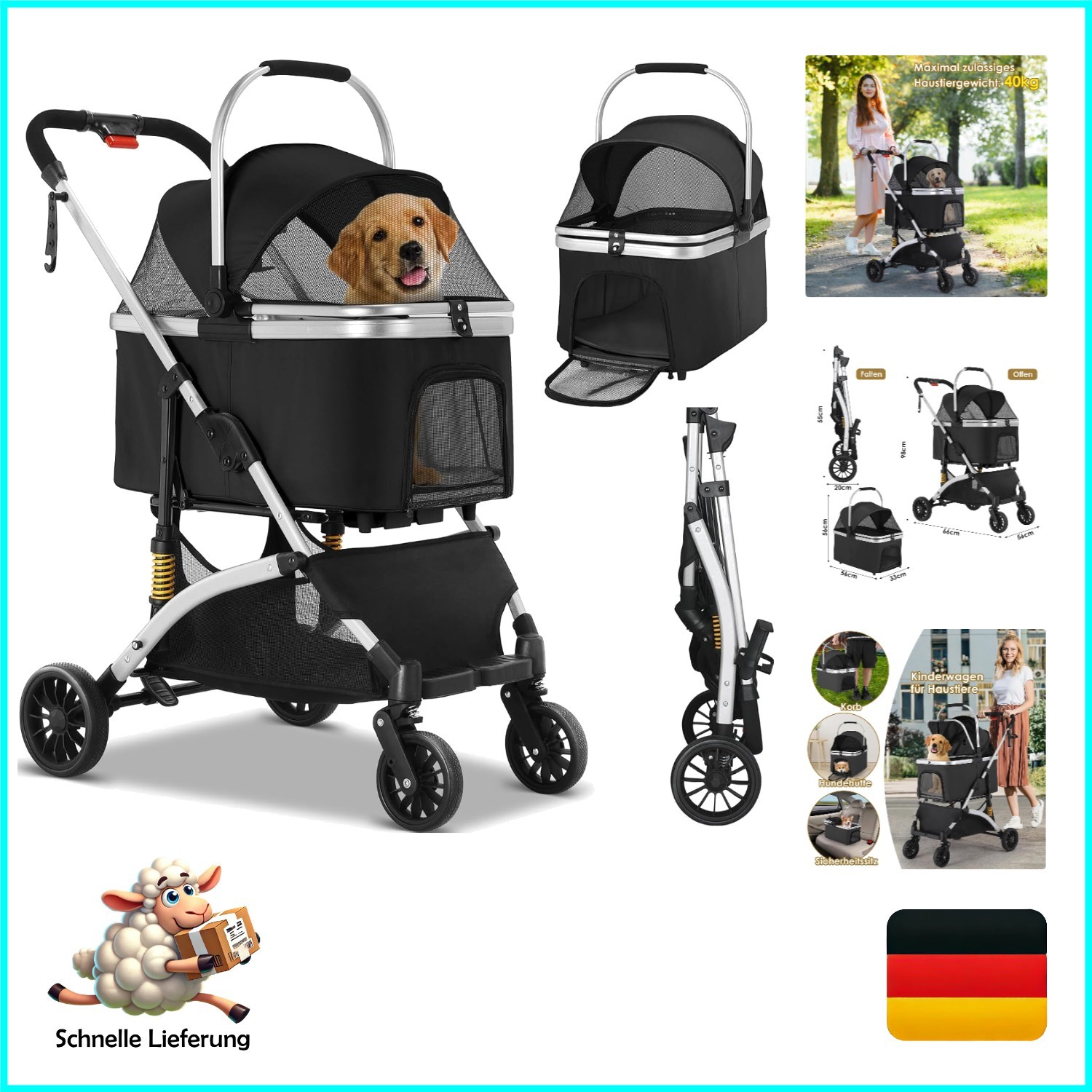 Passeggino Mamizo 3in1 per Cani e Gatti Pieghevole