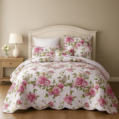 DaDa Bedding Romantic Roses Lovely Spring Pink Floral Quilted Scalloped Bedsprea