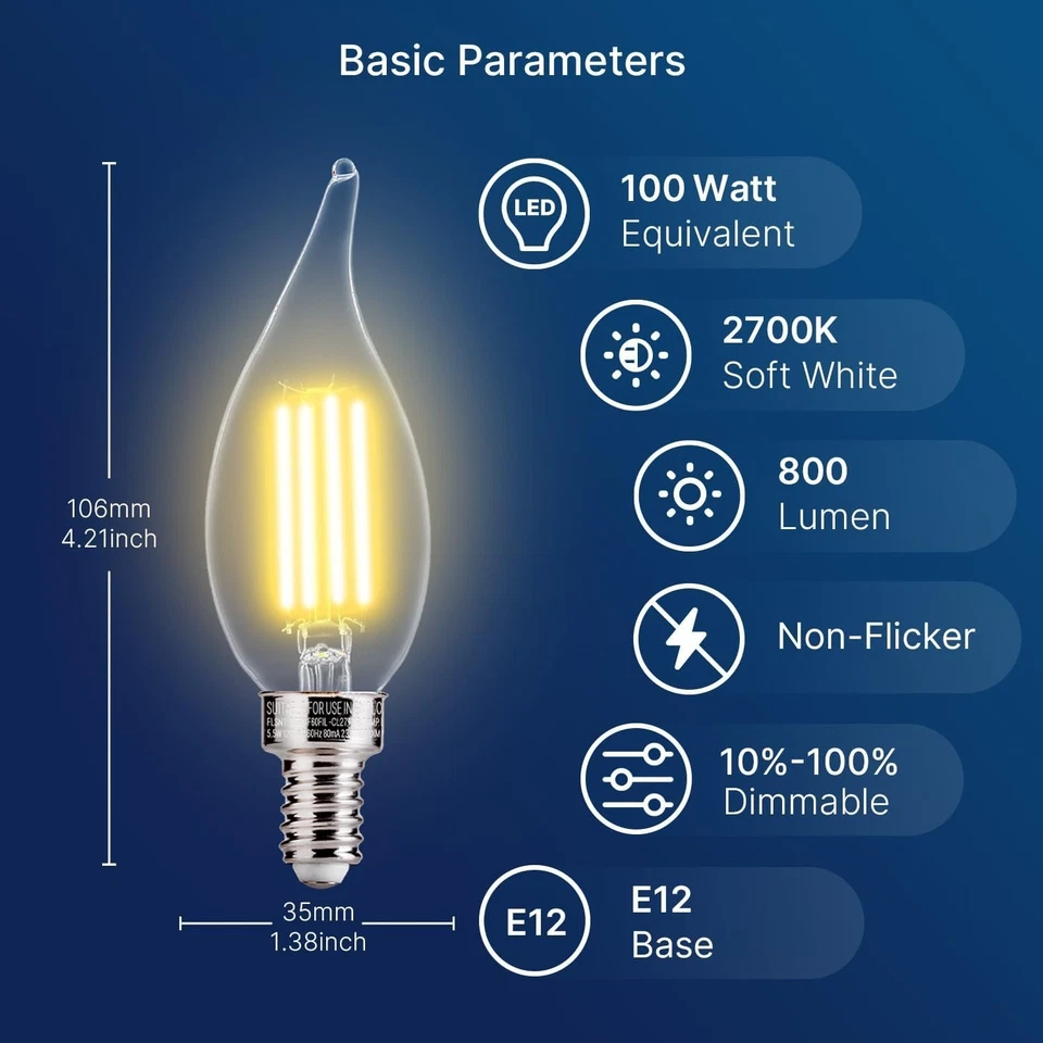 E12 Chandelier LED Bulbs, 100W Equivalent, Dimmable, 12-Pack - Image 4 of 4