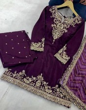 Heavy Designer Wine Chinon Silk Kurta Palazzo With Dupatta For Engagement