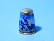 925 Sterling Silver Blue & White Enamel Thimble Dutch Windmill Scene #ESK18