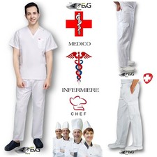 PANTALONE BIANCO 100%COTONE FRESCO SANITARIO LAVORO CUOCO CHEF MEDICO INFERMIERE