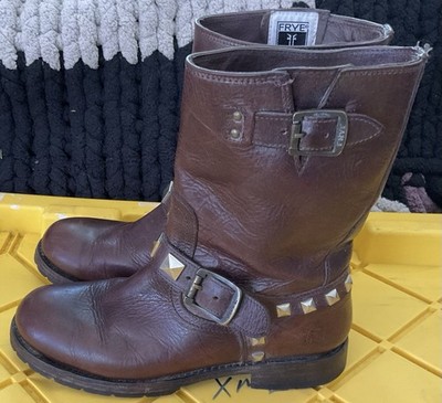 Frye - Brown Leather - 8B - Studded w/Buckle - Pull On Western Biker Boots