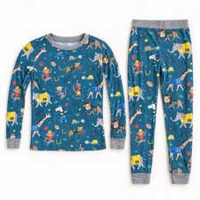 Little Sleepies Kids Pajama Set Size 5/6 Teal Animals Sports Two Piece PJs