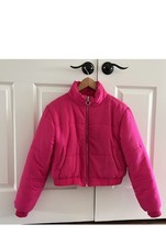 Cute Fuchsia Pink Puffer Quilted Coat Jacket Zip Funnel High Neck - H&M SM