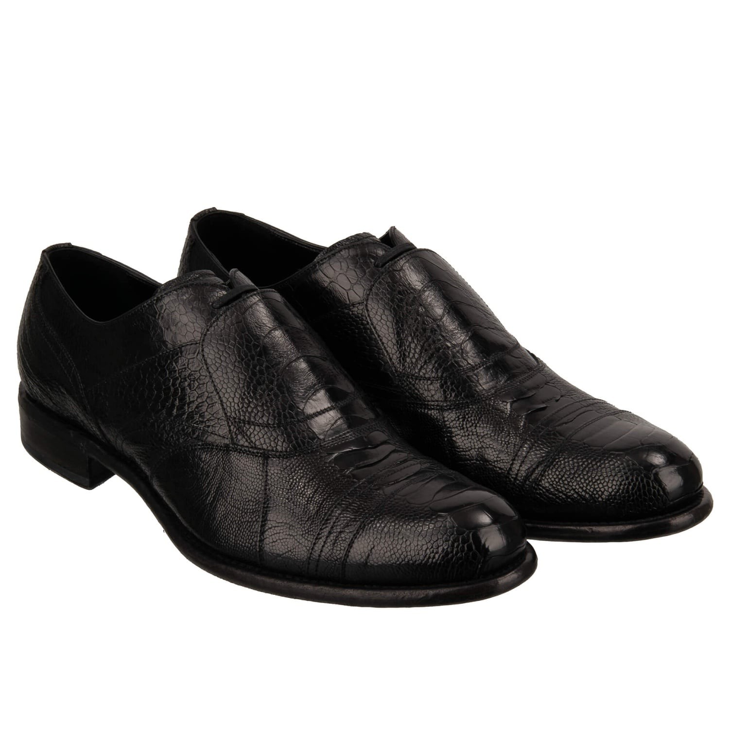 DOLCE & GABBANA TAORMINA Ostrich Leather Exotic Derby Dress Shoes Black