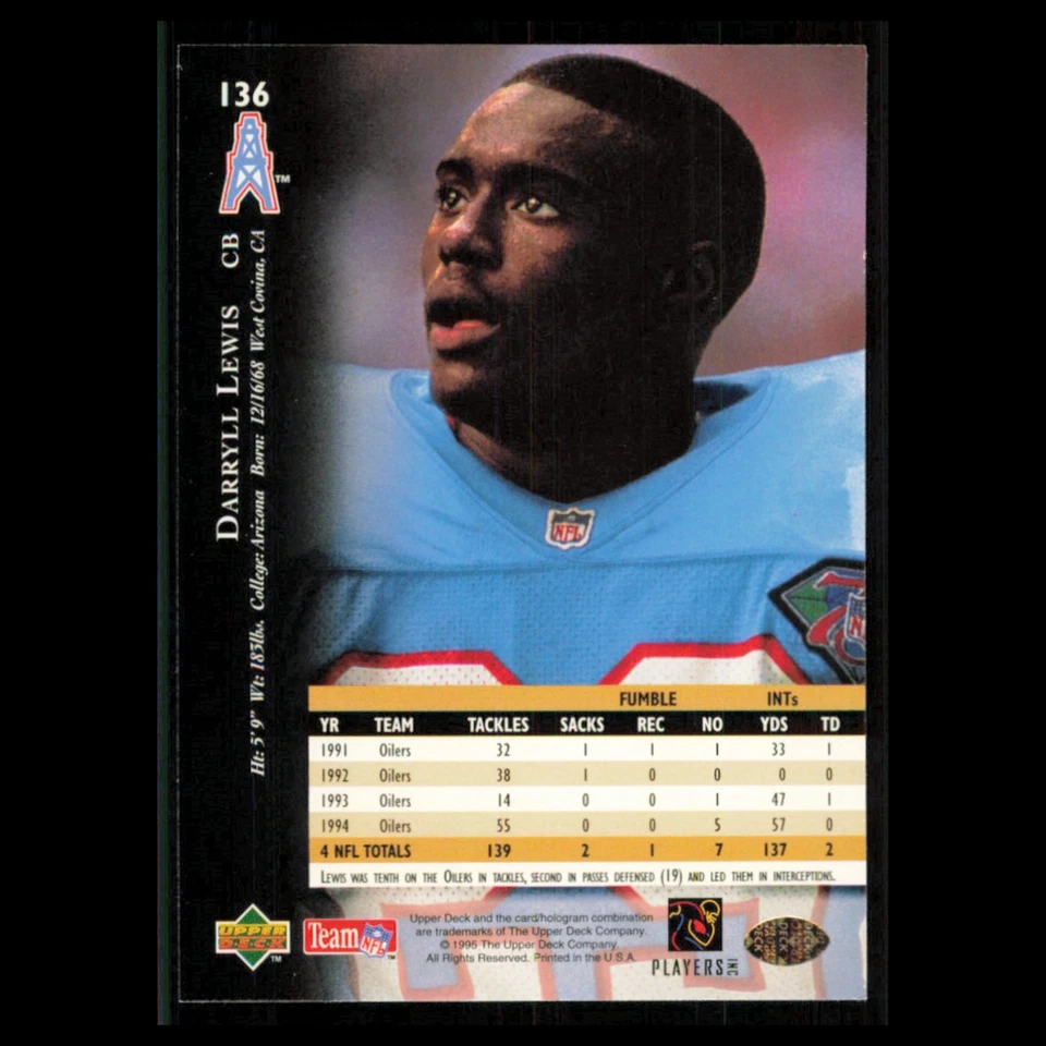 Darryll Lewis #136 1995 Upper Deck Electric Houston Oilers Football Card NFL NM - Image 2 of 3