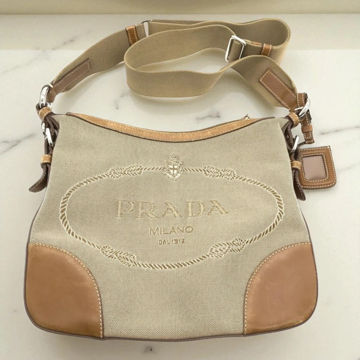 Prada Jacquard Leather Canvas Shoulder Crossbody Bag Pre-Owned