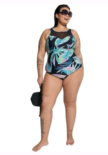 TORRID Active Wireless Mesh High Neck One Piece Swimsuit Plus Size 3 Tropical - Bild 2 von 10