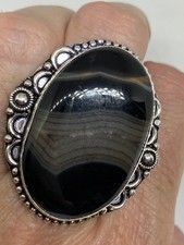 Vintage Black and White Banded Agate White Bronze Silver Cocktail Ring