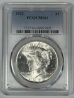 1922 Peace Silver $1 Dollar Coin PCGS MS 63