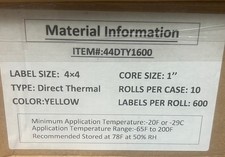 1 CASE, DIRECT THERMAL LABELS, YELLOW, 1" CORE, 4" x 4", QTY 6,000 LABELS