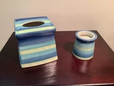 Ceramic Striped Tissue Box Holder W/Matching Dixie Cup Dispenser