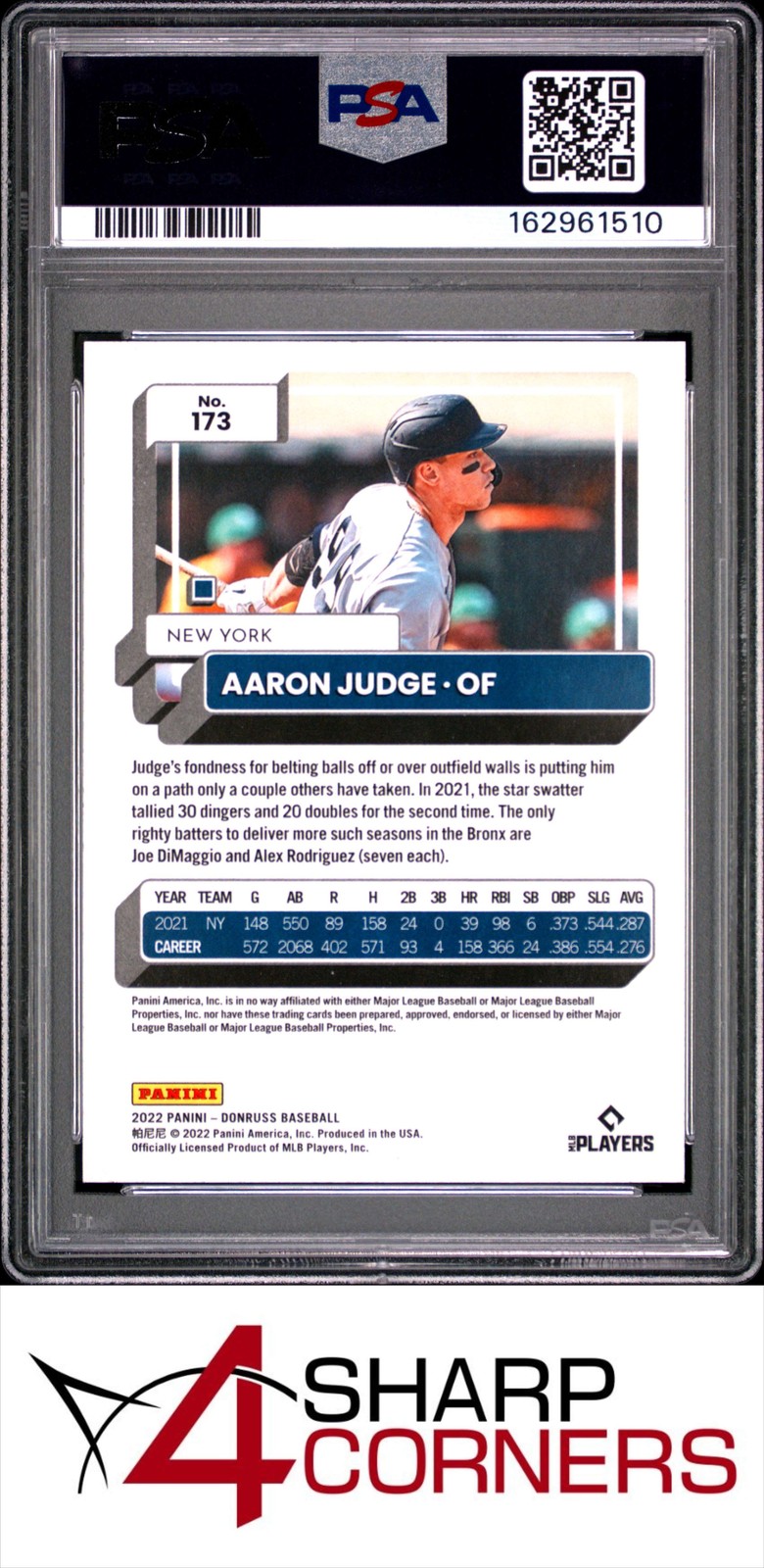 2022 PANINI DONRUSS #173 AARON JUDGE YANKEES POP 5 PSA 10 view 2