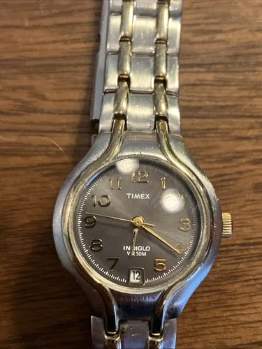 Vintage Timex Women’s Indiglo Watch, Black Dial, Gold Hands, Date, New Battery
