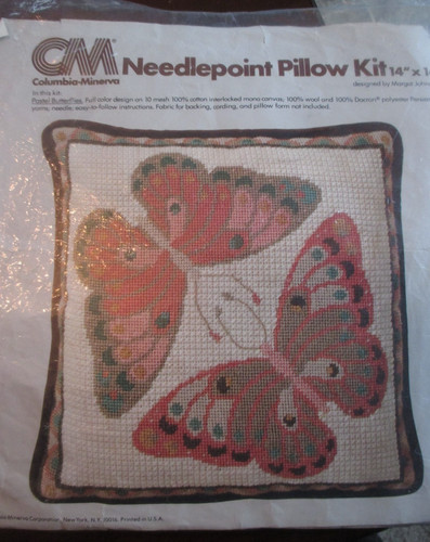 Vintage  Columbia Minerva Needlepoint Pillow Kit Pastel Butterflies started