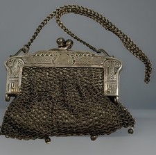 Antique 1920s Egyptian Revival German Silver Mesh Purse Art Deco Flapper Bag