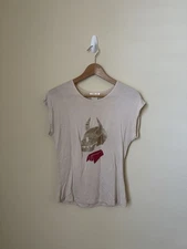 Chloe Glitter Skull Print Tee Shirt Vtg Beige Large