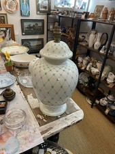Vintage Ceramic Ginger Jar Table Lamp Light White With Green Pattern Italia