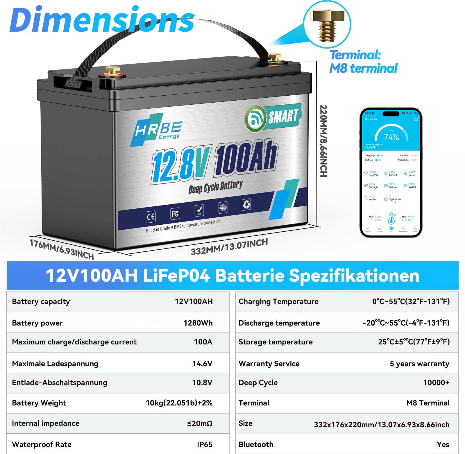 12V 100Ah LiFePO4 Lithium Battery Bluetooth monitoring For RV Solar Marine Panel