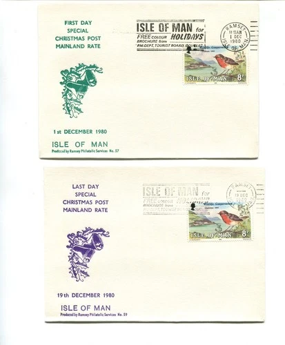 Isle of Man 1980 First/Last day mainland xmas rate cover, Ramsey, RPS, No 57,59