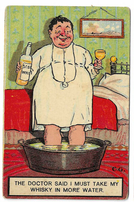 Comic Künstler gezeichnete Postkarte Der Arzt sagte, ich müsse meinen Whisky in mehr Wasser nehmen