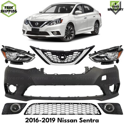 Front Bumper Cover Primed Plastic & Headlights Kit For 2016-2019 Nissan Sentra