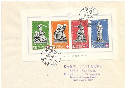 Schweiz 16. VII.1940 FDC Block 5 Mi. 369-72 gelaufene Fälschung! nach Prag