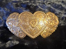 Vtg Crumrine Triple Heart Belt Buckle Gold Silver Plate Western Floral Scroll