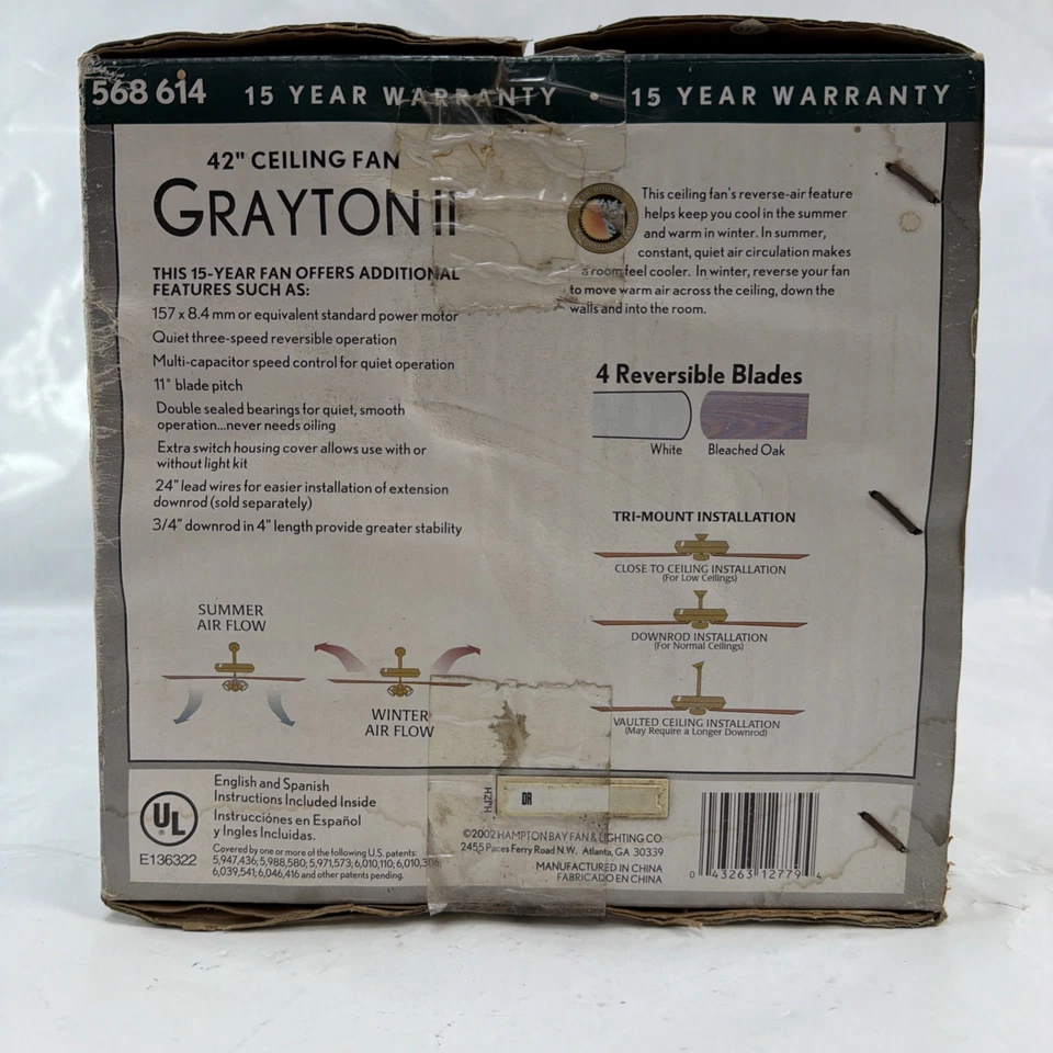 Ventilador de techo Hampton Bay The Grayton 42" blanco con kit de luz (nuevo en caja) de colección nos Foto 3 de 4