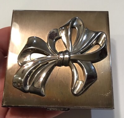 Vintage Compact Silver Plated Marked Pilcher USA Made Powder Makeup Bow Detail