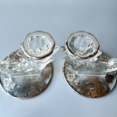 Fostoria Clear Glass Candlesticks (2) Sterling Silver Overlay Baroque Grapes Ivy - Picture 4 of 9