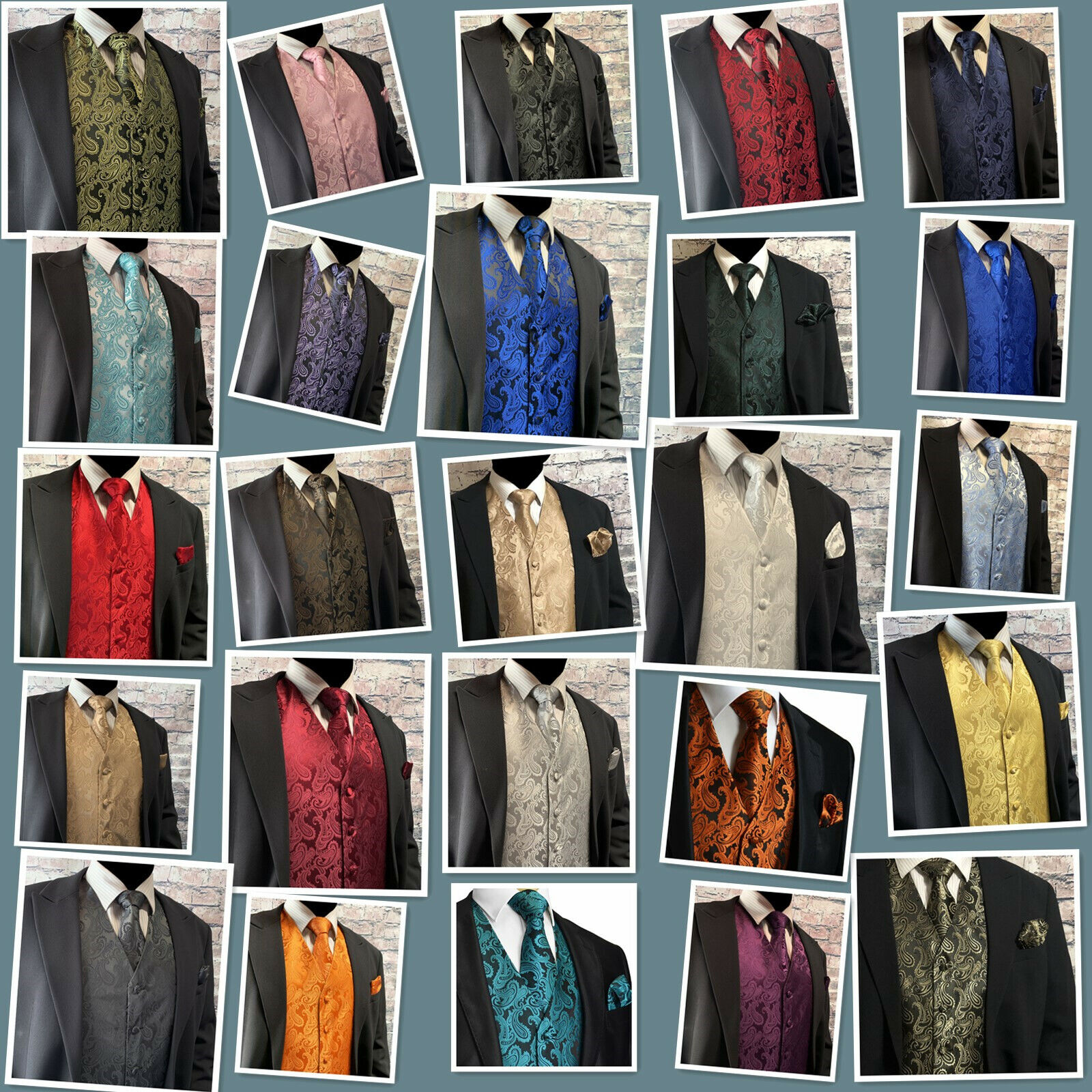 Xs - 6Xl Men Paisley Dress Vest Waistcoat &Amp; Necktie And Hanky For Suit Or Tuxedo