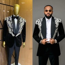 Velvet Men Suit For Grooms Classic Black Shawl Lapel Formal Wedding Tuxedo 2 Pcs